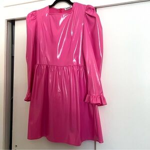 BATSHEVA bubblegum pink PVC mini dress with ruffled sleeves